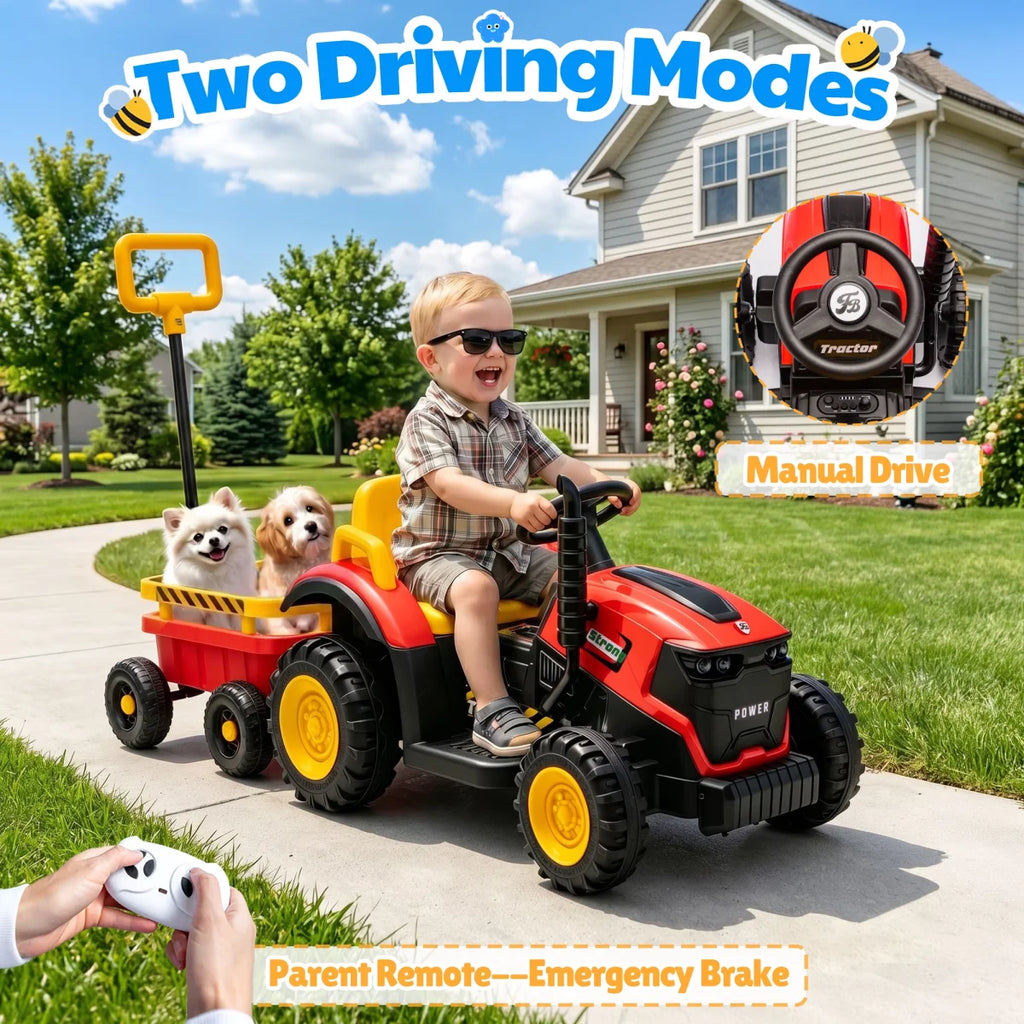 12V Kids Electric Ride On Tractor With Removable Trailer, Remote Control & Manual Drive 2 Modes, Bluetooth Music LED Light, Children Farm Ride‑on Car Toy Gift for Kids Boys Girls