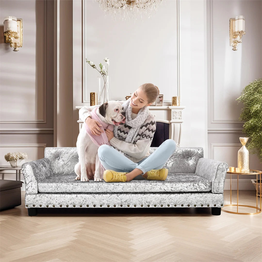 Deluxe Silver Dutch Velvet Dog Couch Bed Sofa with Removable Cushion for Medium to Large Dogs Comfortable Upholstered Pet Sofa