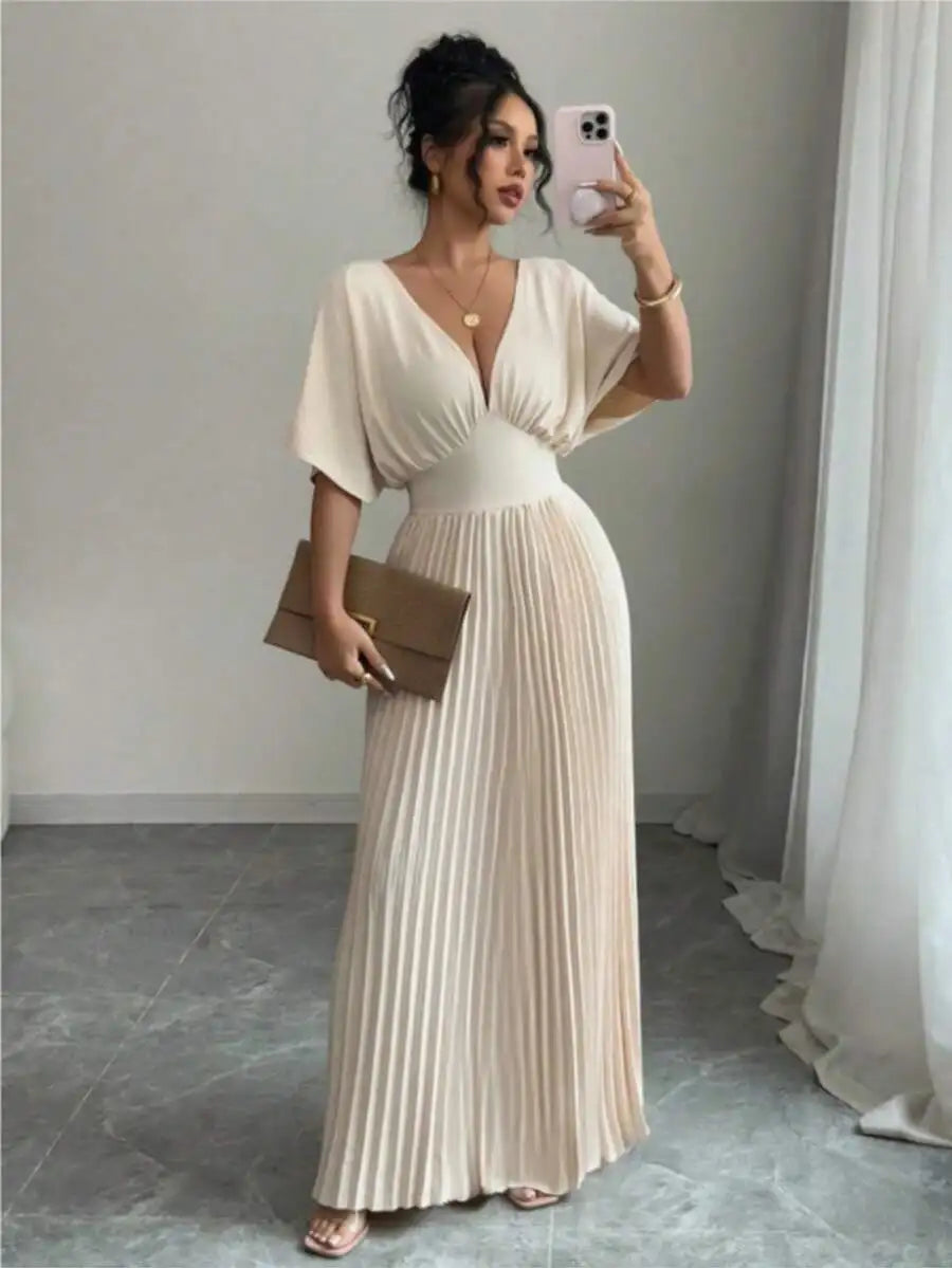 Deep V Neck Pleated Elegant Floor Length Dress For Women Summer