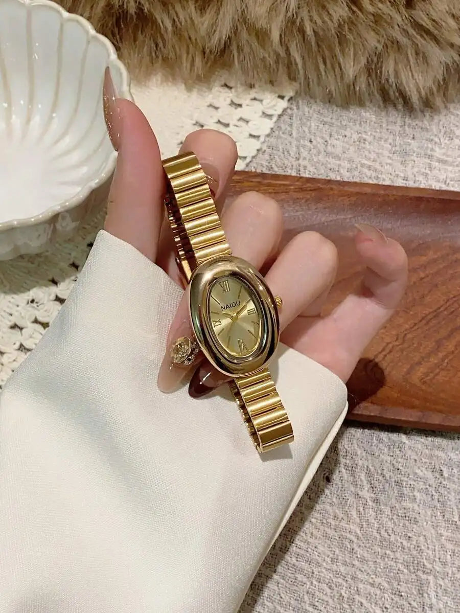 1pc Oval Bamboo Texture Strap Women's Watch, Gold Adjustable Strap, Elegant & Versatile Quartz Wristwatch, Suitable For Daily