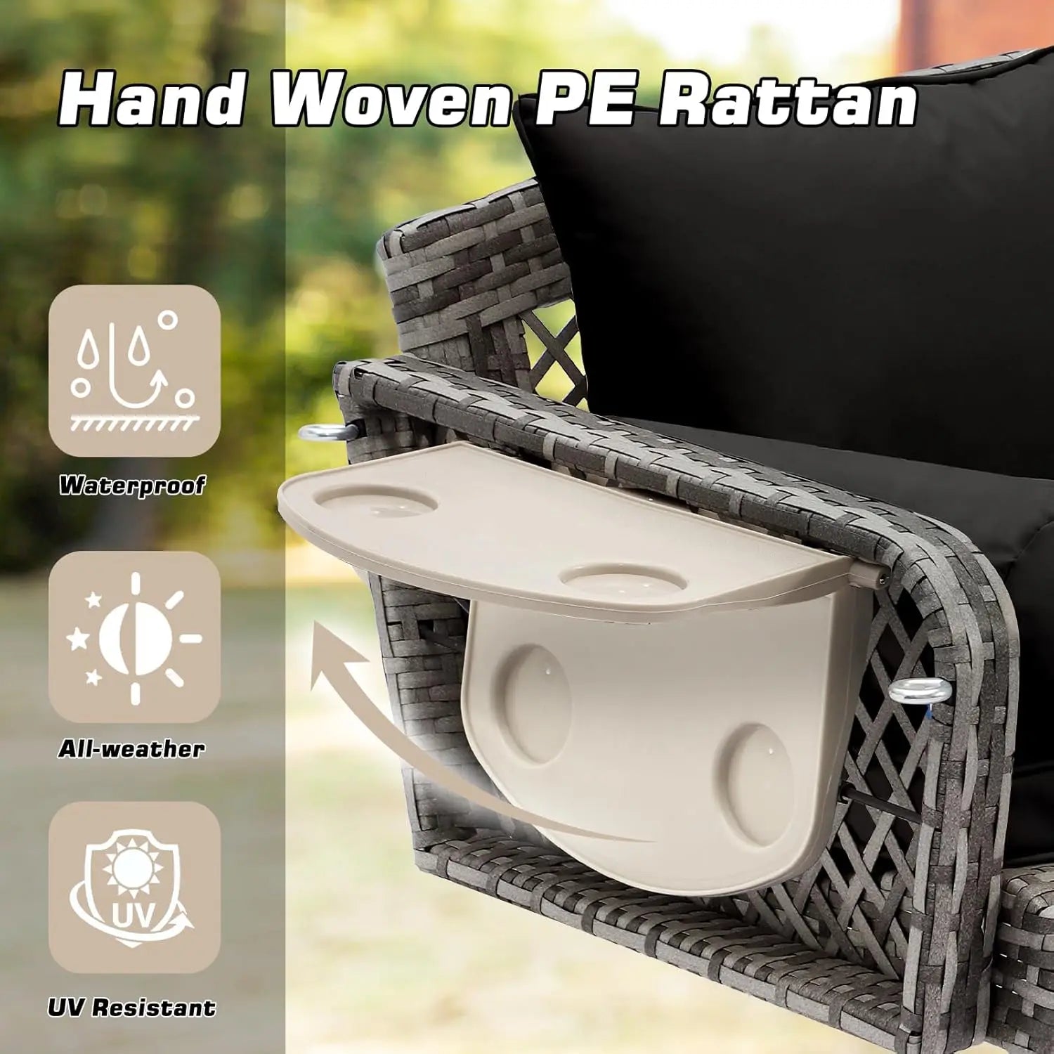 Outdoor Garden Yard Lawn Porch Swing, Wicker, Black Grey Rattan, 3 Person, Cushion, Cup Holder