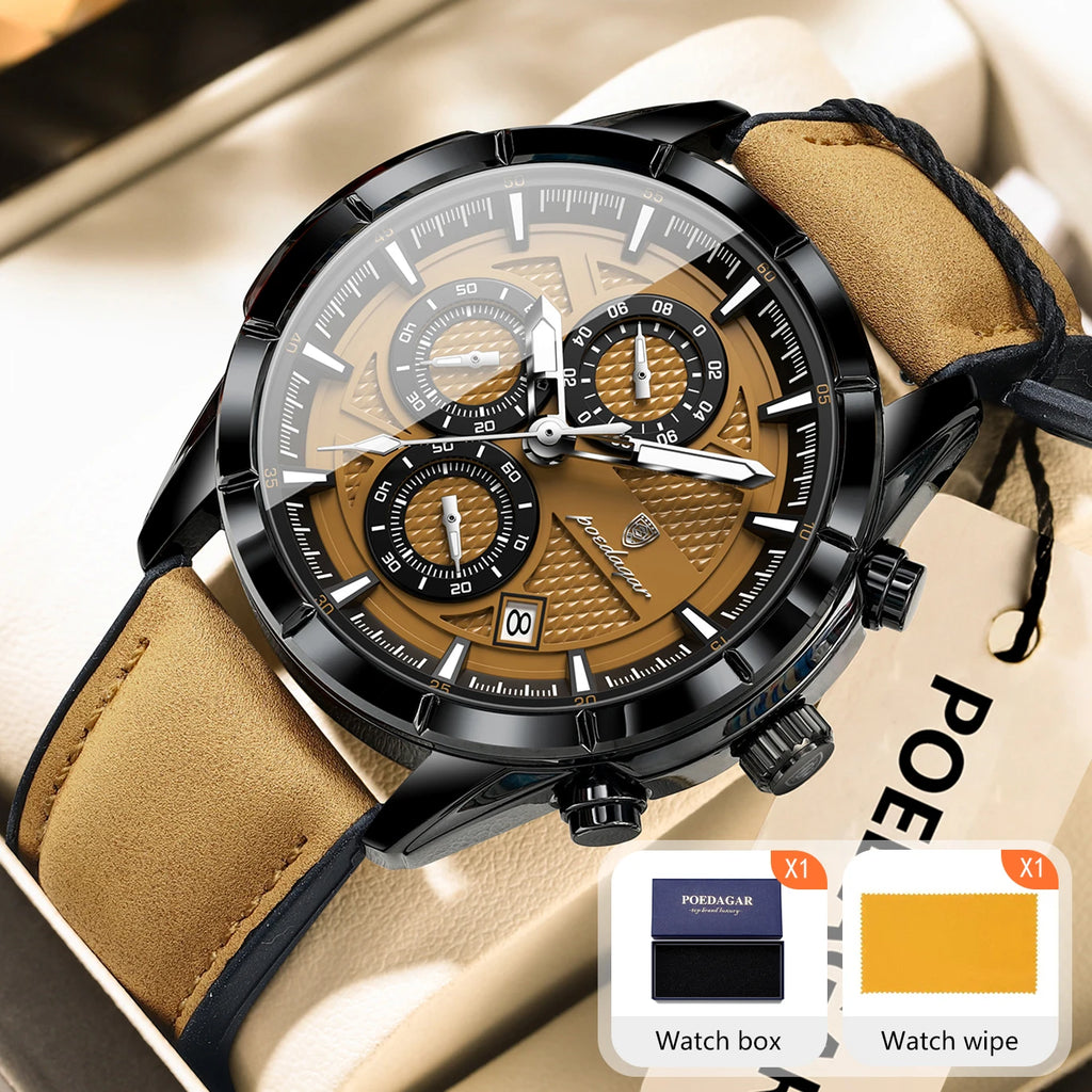 POEDAGAR Top Original Vintage Men Wristwatch Date Chronograph Fashion Leather Quartz Men's Watches Waterproof Luminous Business Man Watch High Quality Reloj