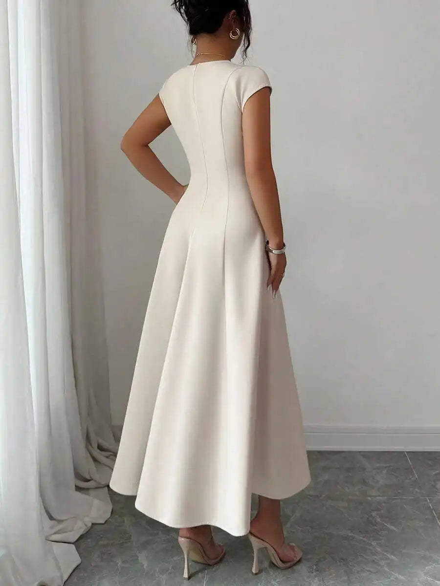 Elegant Cream White Square Neck Cinched Waist A-Line Midi Dress