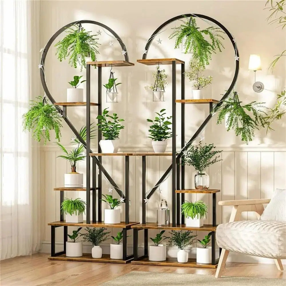 Double-Tiered Heart-Shaped Plant Stand with 20 Pots, Ladder Style Hanging Rack for Garden Display