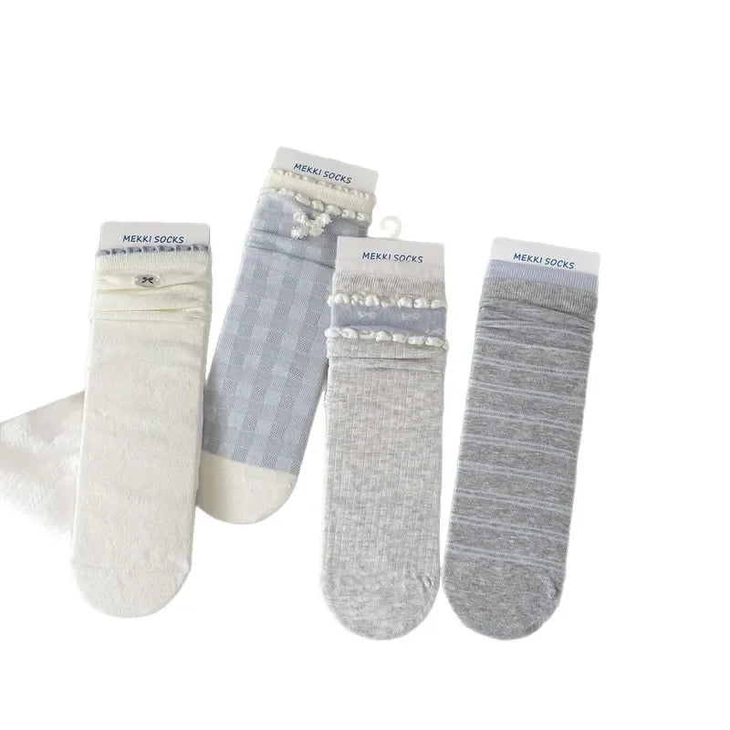 2026 Socks Women Spring Summer Blue Sea Salt Lace Stacking Socks Loose Design Medium Tube Korean Minimalist Cotton Socks