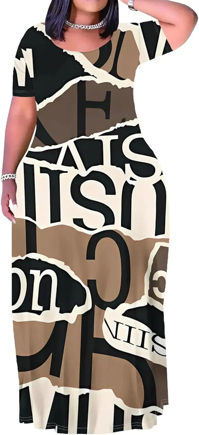 Plus Size Maxi Dress for Women Summer Casual Short Sleeve Tshirt Dresses with Pockets (XL-6XL)