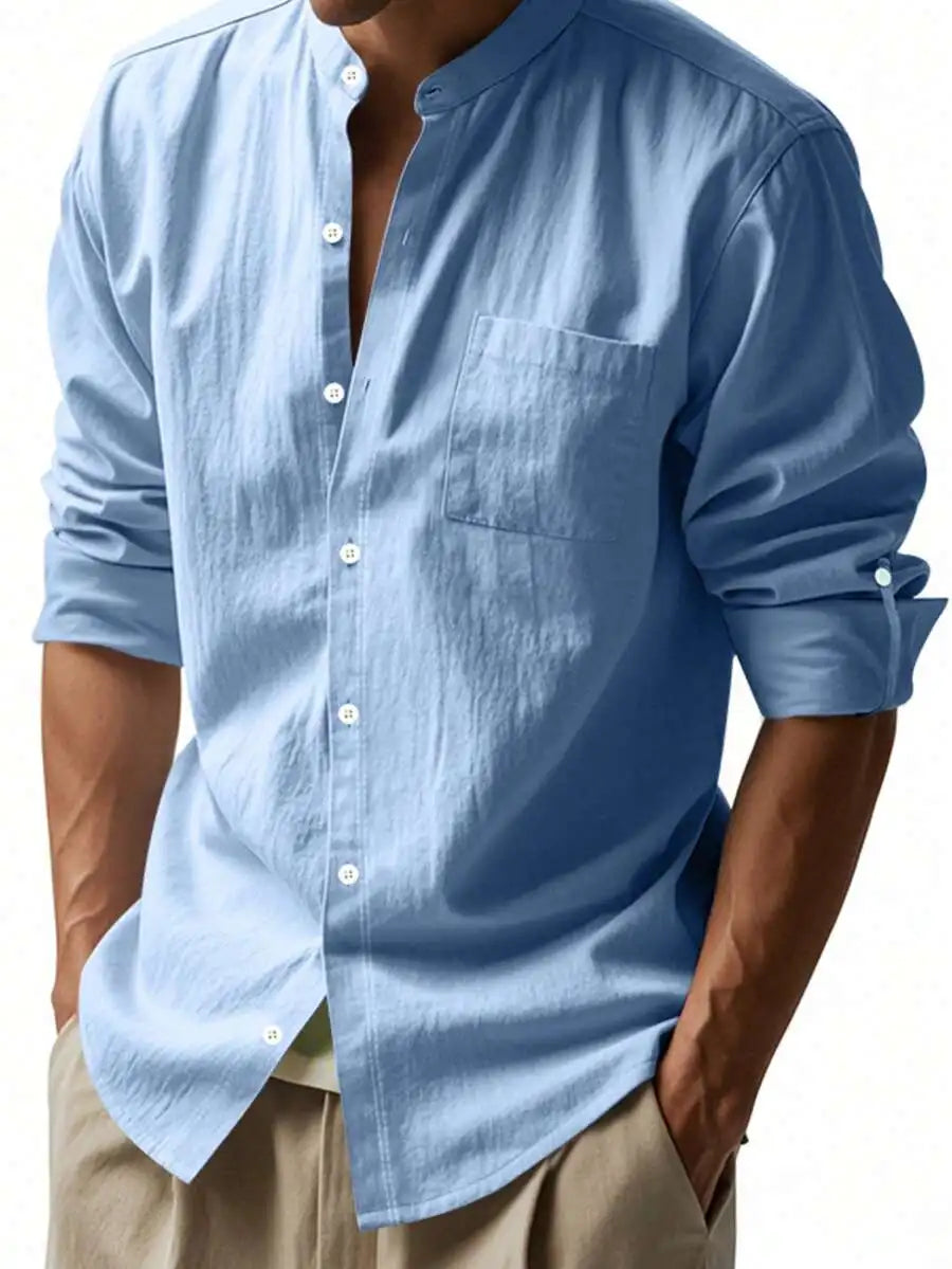 Mens Linen Stand Collar Long Sleeve Button-Up Shirt Loose Breathable Casual Beach Vacation Wear