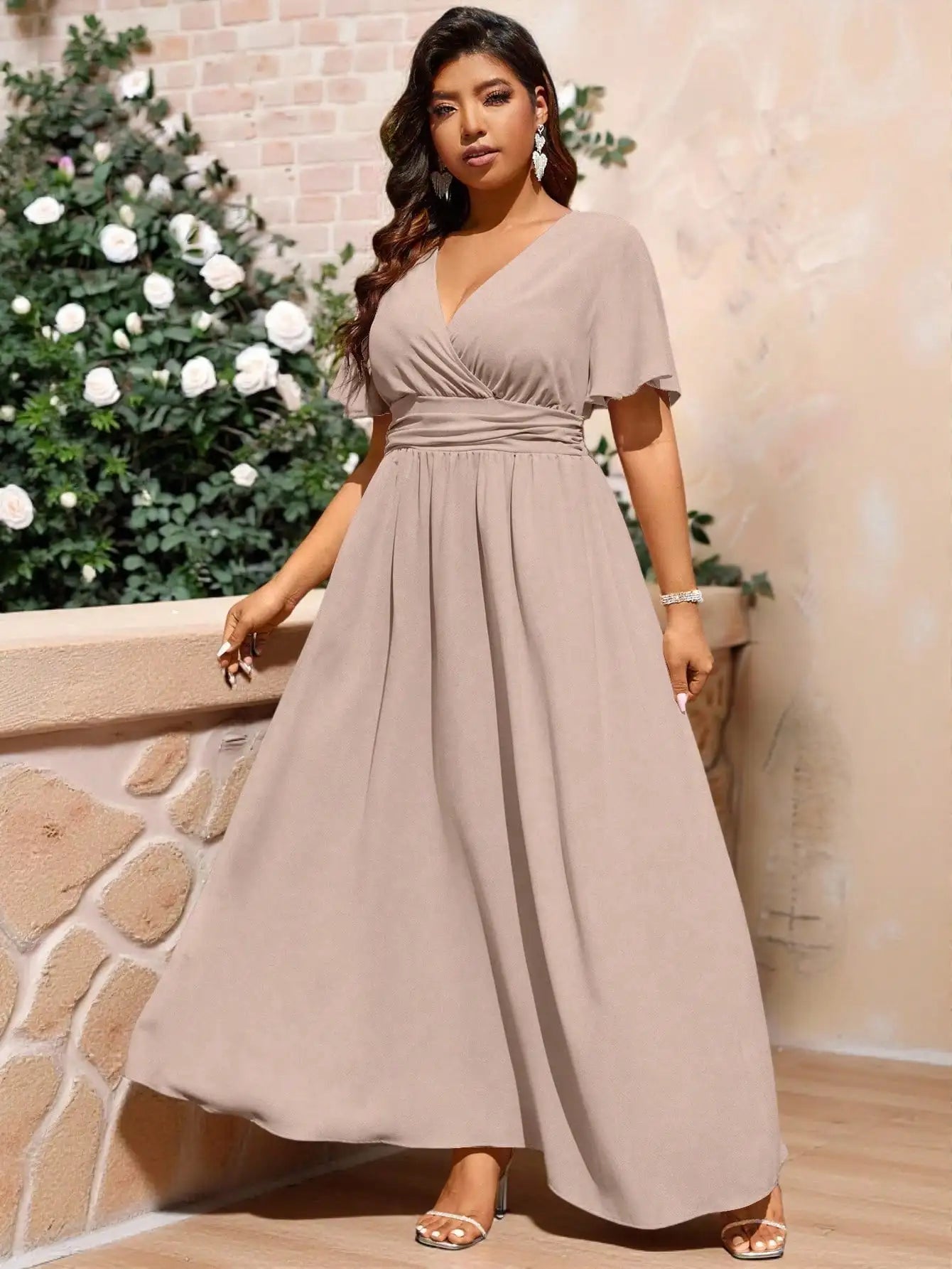 Plus Size Solid Color Wrap V-Neck Maxi Dress For Wedding Formal Occasion