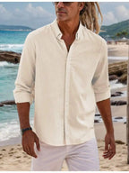 Mens Cotton Linen Button Down Shirt Solid Color Casual Long Sleeve Beach Shirt