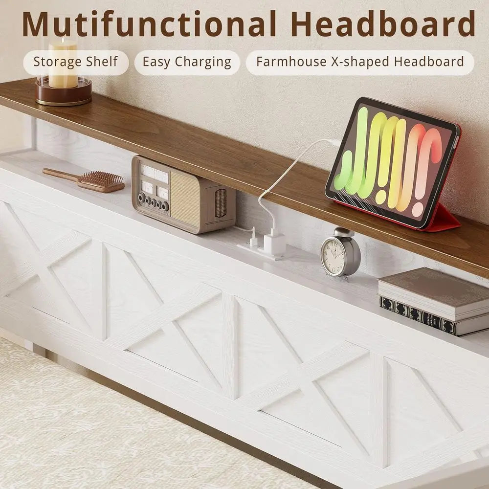 Twin Daybed with Storage, Metal Frame, X-Headboard, Charging Station, White/Walnut Upholstered
