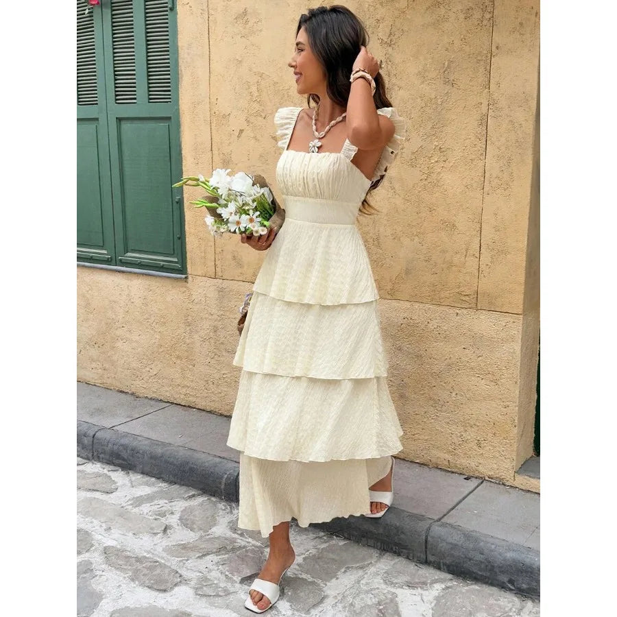 Women's French Elegant Cream White Summer Pleated Dress,Small Flying Sleeves Tropical Vacation Holiday Sundress,Tea Party Weddin