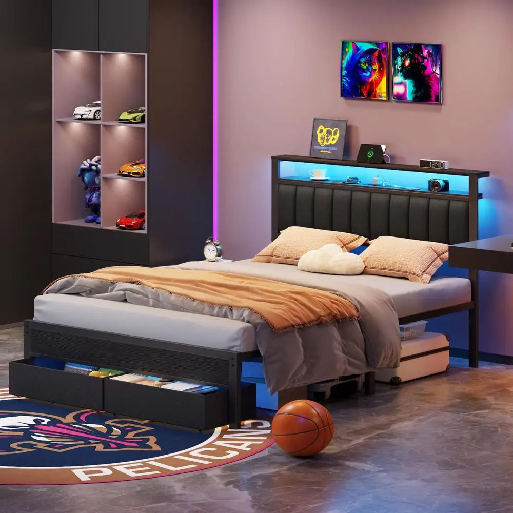 Queen Bed Frame with Charging Station and LED Lights, Grey Upholstered Headboard with Shelves, Metal Platform Bed with 2 UnderB