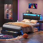 Queen Bed Frame with Charging Station and LED Lights, Grey Upholstered Headboard with Shelves, Metal Platform Bed with 2 UnderB