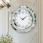 Large Mirror Wall Clock with Crushed Diamond Edge, Sparkling Bling Bling Crystal Round Clock for Living Room, Luxury Glamorous Home Decor, Silent Non-Ticking Quartz, Silver/Tawny Roman Numeral Modern Wall Art