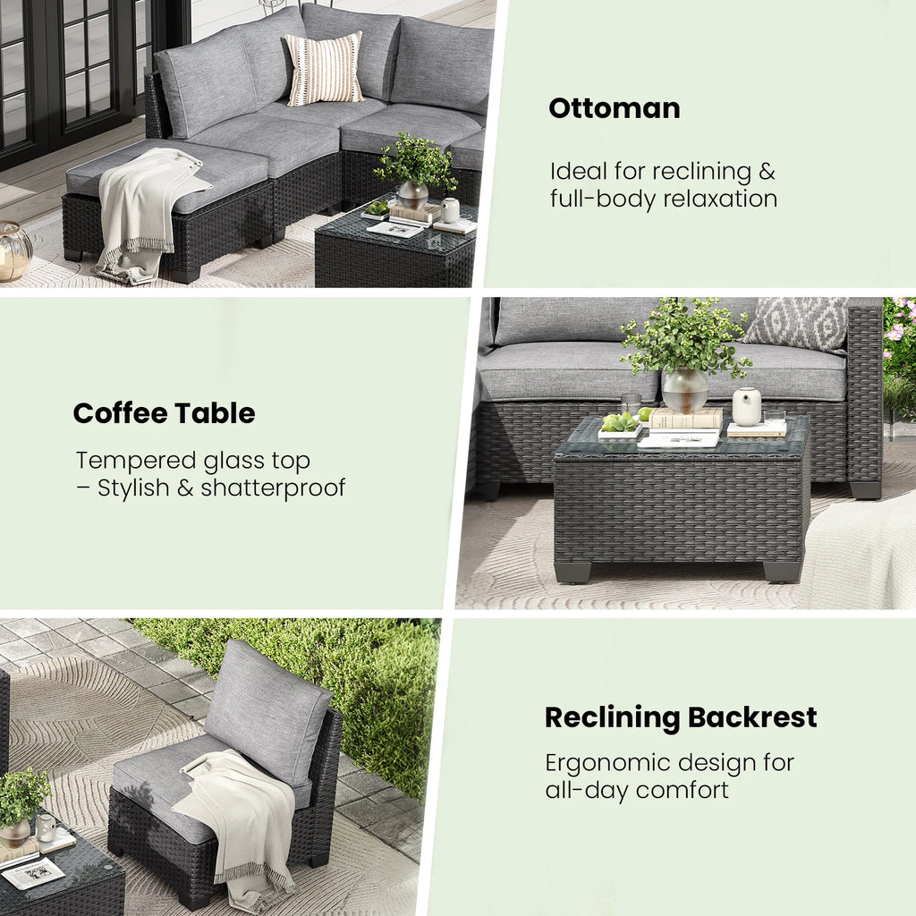 Farini Patio Sectional Sofa Set, Outdoor Furniture with Ottoman, Water/Oil/Stain-Resistant Fabric, Dark Gray Cushion + Gray Wick