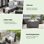 Farini Patio Sectional Sofa Set, Outdoor Furniture with Ottoman, Water/Oil/Stain-Resistant Fabric, Dark Gray Cushion + Gray Wick