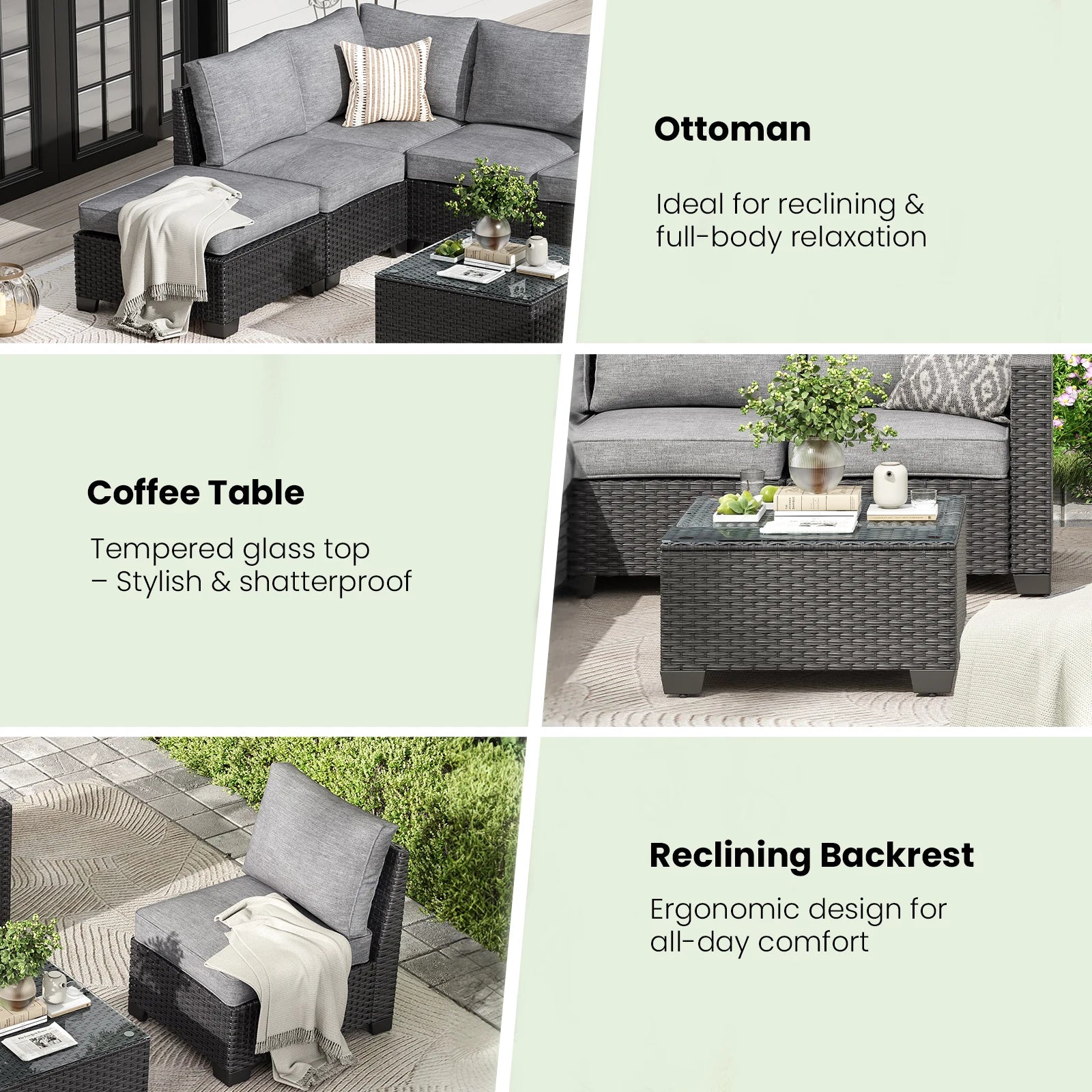 Farini Patio Sectional Sofa Set, Outdoor Furniture with Ottoman, Water/Oil/Stain-Resistant Fabric, Dark Gray Cushion + Gray Wick