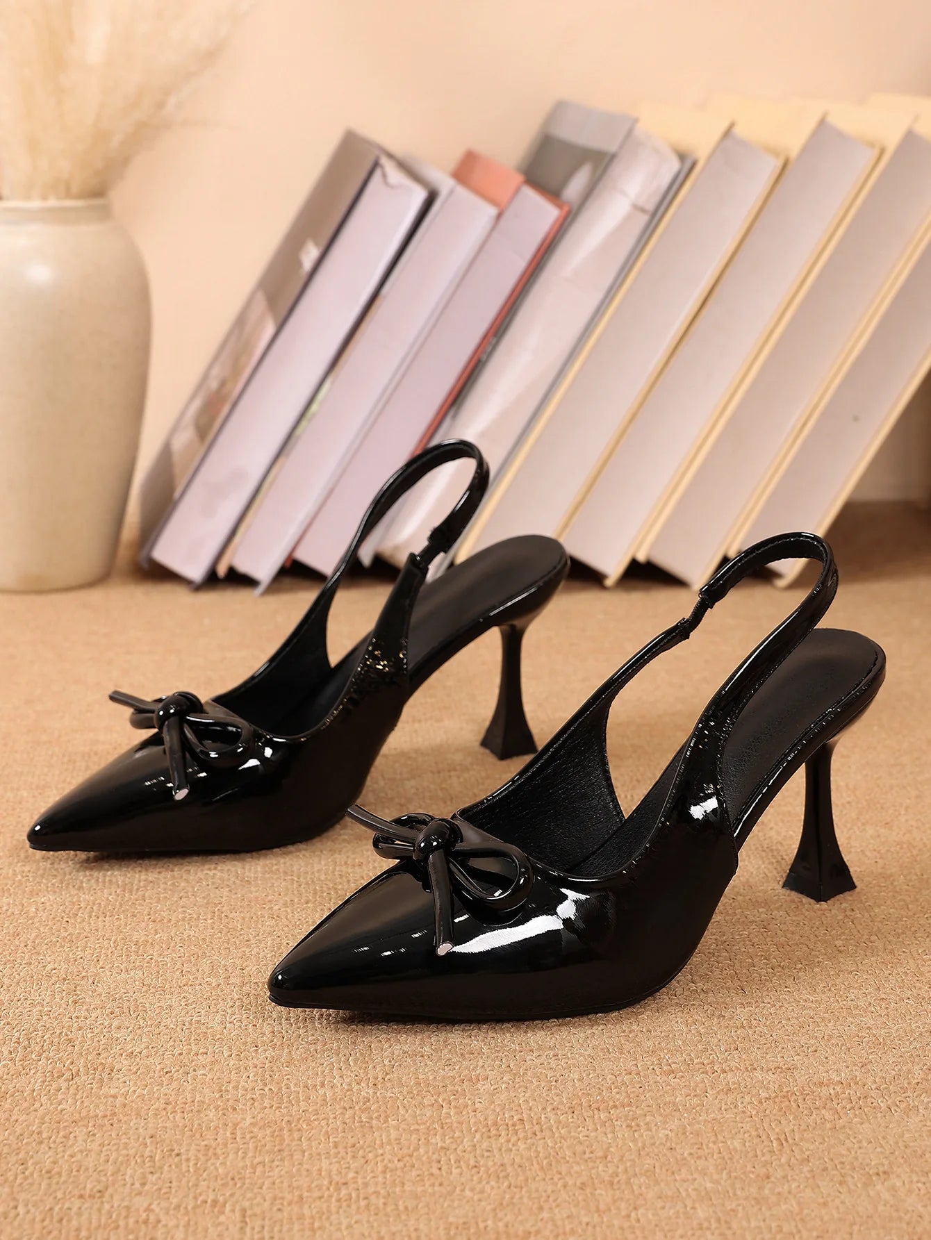 Women Bow Pointed Toe Slingback Stiletto High Heel Sandals, Patent Leather Backless Slip On Dress Pumps, Elegant Party Wedding Evening Footwear for Date Club Formal Occasions