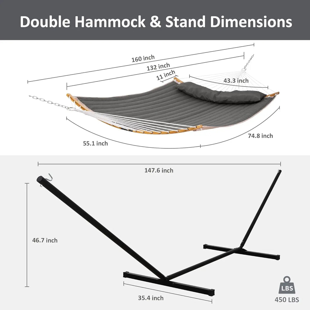Outdoor 2-Person Portable Hammock with Stand, Curved Spreader Bar and Balance Ropes, Dark Gray