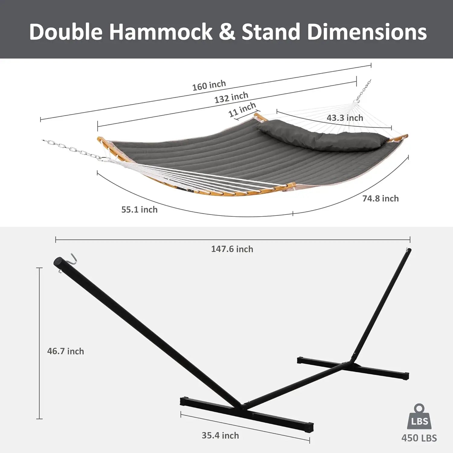 Outdoor 2-Person Portable Hammock with Stand, Curved Spreader Bar and Balance Ropes, Dark Gray