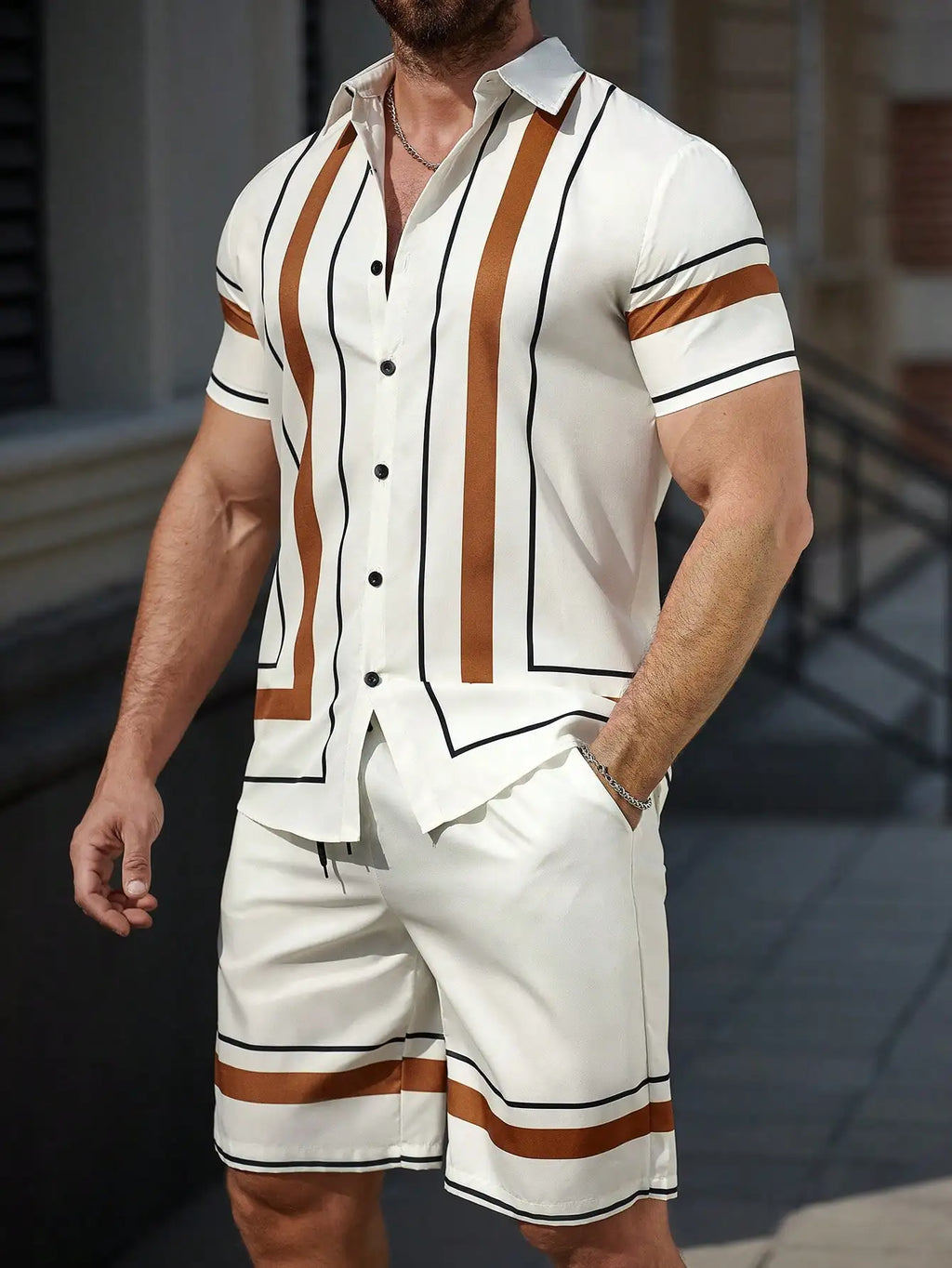 Men's Vertical Stripe Short Sleeve Button-Down Shirt And Shorts Set Summer Casual