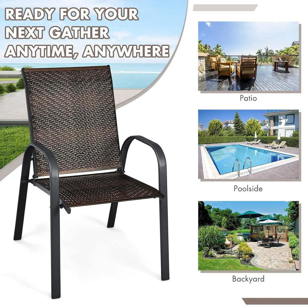 6 Pack Stackable Dining Chairs Outdoor PE Wicker Patio Arm Chairs with Rustproof Steel Frame, Bistro Deck Chairs, Customized