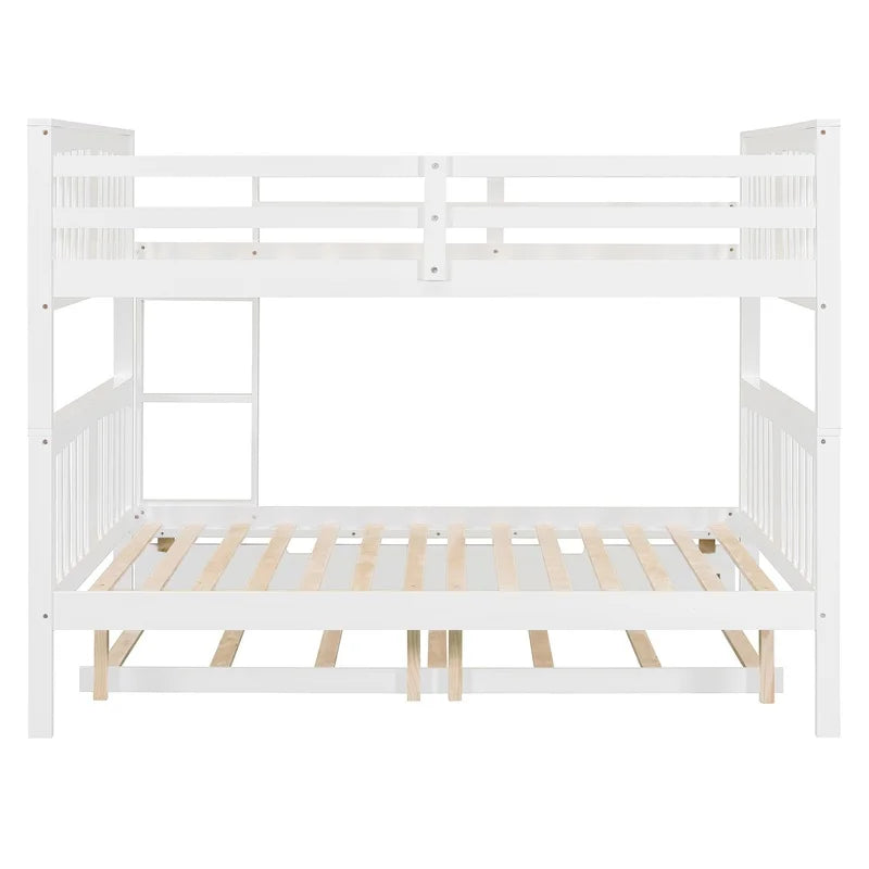 White Full Over Full Bunk Bed with Twin Trundle and Ladder
