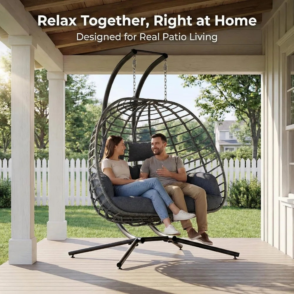 Egg Swing Chair with Stand, 2 Person Outdoor Patio Wicker Hammock Chairs with Cushion for Indoor, Lawn, Garden - Dark Grey