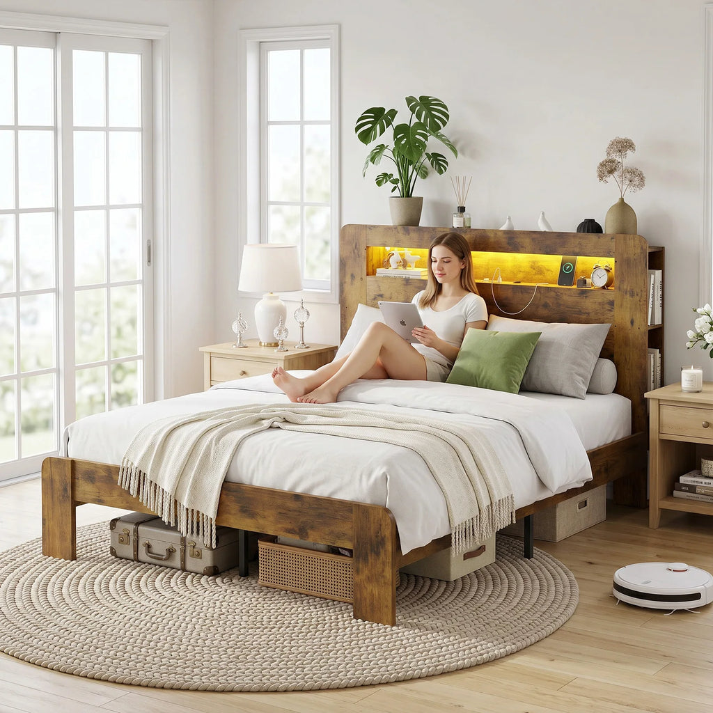 US Queen Size Bed Frame with Storage Headboard Platform Bed Frame with Charging Station LED Light Easy Assembly No Box Spring