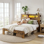 US Queen Size Bed Frame with Storage Headboard Platform Bed Frame with Charging Station LED Light Easy Assembly No Box Spring
