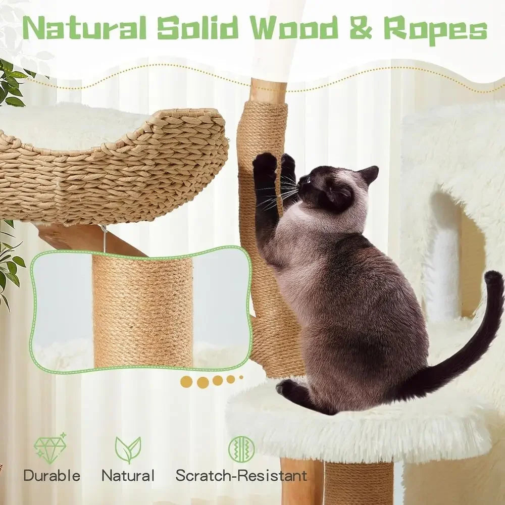 54 Natural Wood Cat Tree with Woven Basket Beds and Scratching Post, Bohemian Style Cat Tower, White