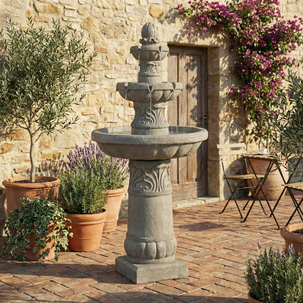 52 Inch Height 3-Tier Outdoor LED Garden Water Fountain, Large Floor-Standing Resin Cascading Bubbler Waterfall Fountain with Pump, Decorative Outdoor Fountain for Backyard, Patio, Yard & Home Decor