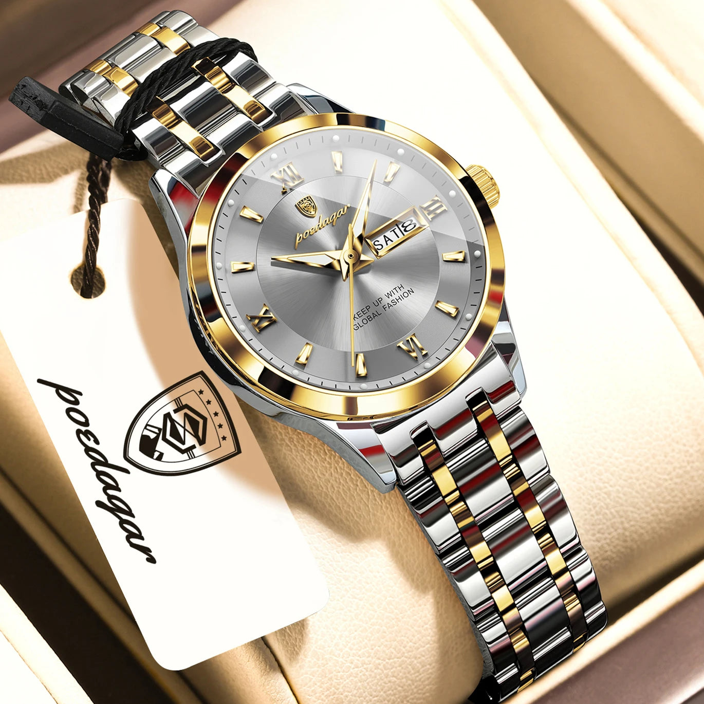 POEDAGAR Luxury Fashion Woman Watch Luminous Waterproof Stainless Steel Ladies Wristwatch Quartz Week Date Elegant Woman's Watches Male Reloj