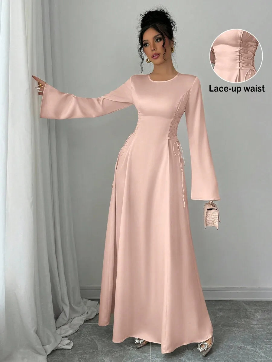 Elegant Ivory A-Line Satin Maxi Dress With Cinched Waist And Flare Sleeves