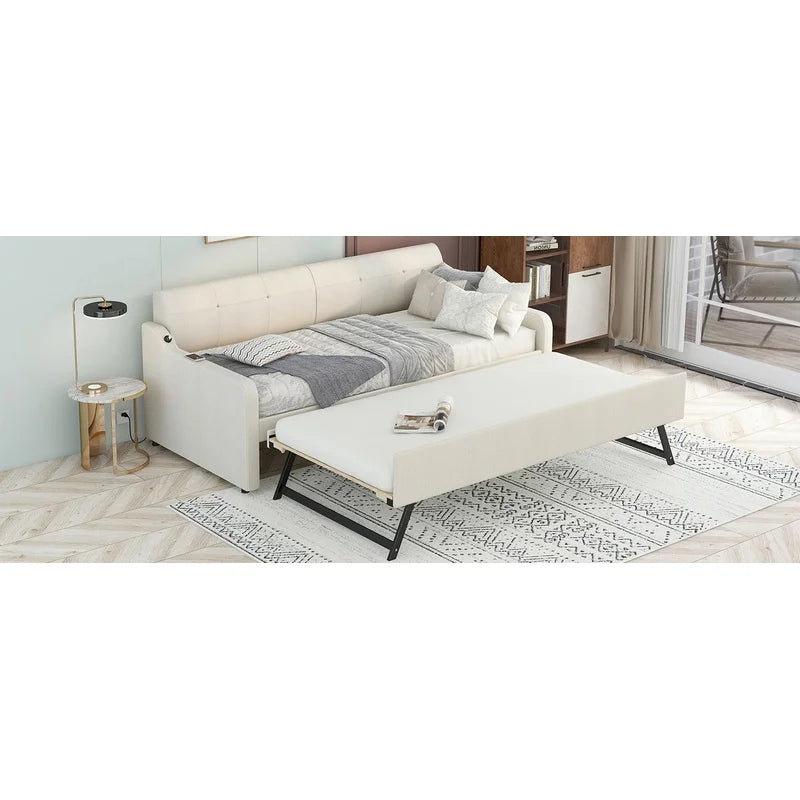 Beige Upholstered Daybed with Convertible Trundle and USB Charging Port