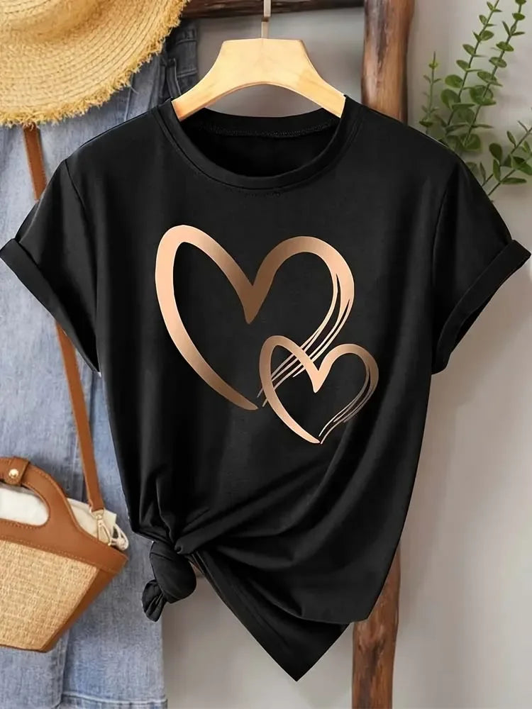 Summer New Fashion Women's Heart Printed T-shirt Trendy Casual Round Neck Top Short Sleeves Women T-shirt