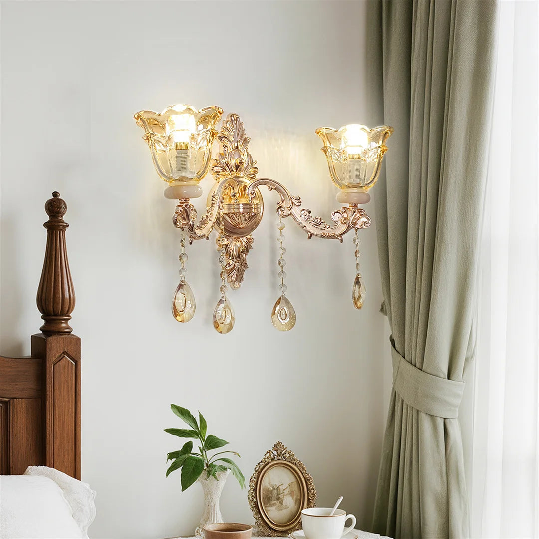 Luxury Gold Crystal Glass Wall Sconce with Flower Lampshade for Entrance Bedroom Hallway Decorative Lighting