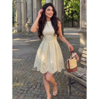 Elegant Cream White Summer Skater Dress,Sleeveless Pleated Laser-Cut Hem Fit-And-Flare A-Line Silhouette,Tea Party Garden Vacation Outfits For Women