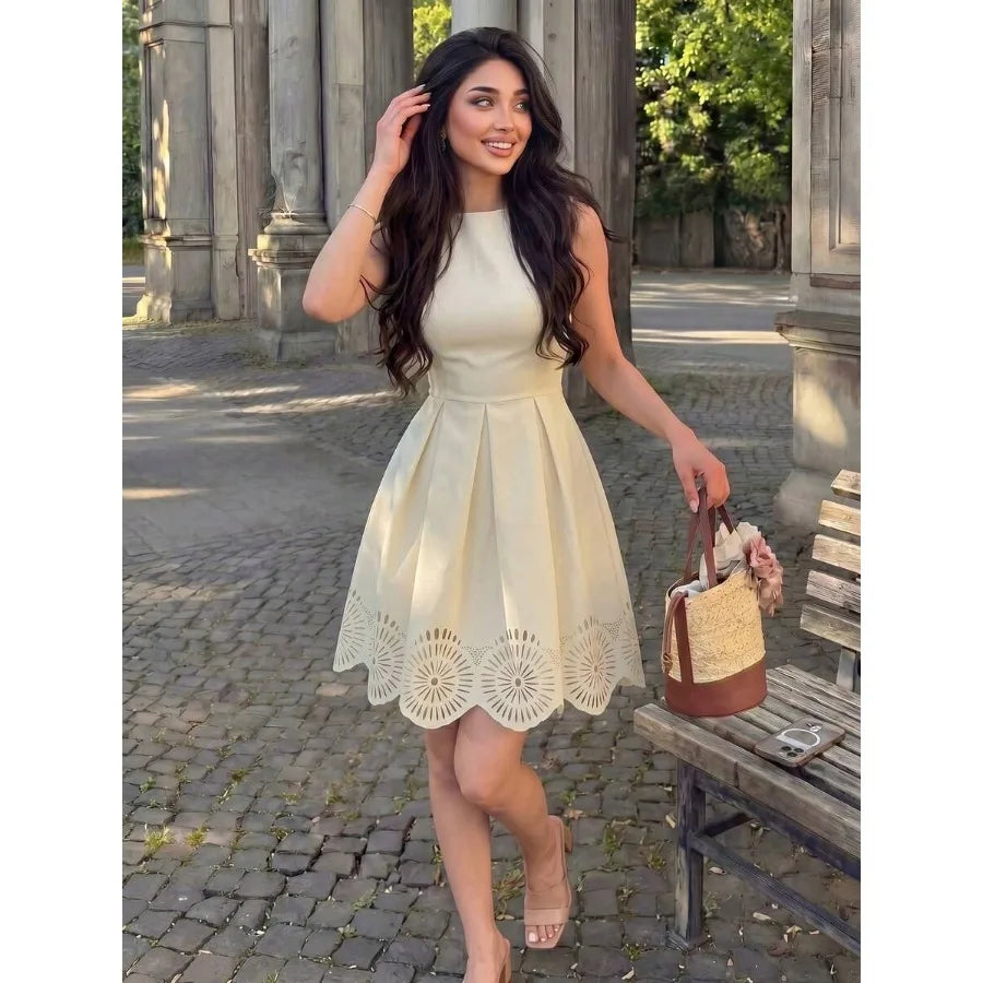 Elegant Cream White Summer Skater Dress,Sleeveless Pleated Laser-Cut Hem Fit-And-Flare A-Line Silhouette,Tea Party Garden Vacation Outfits For Women