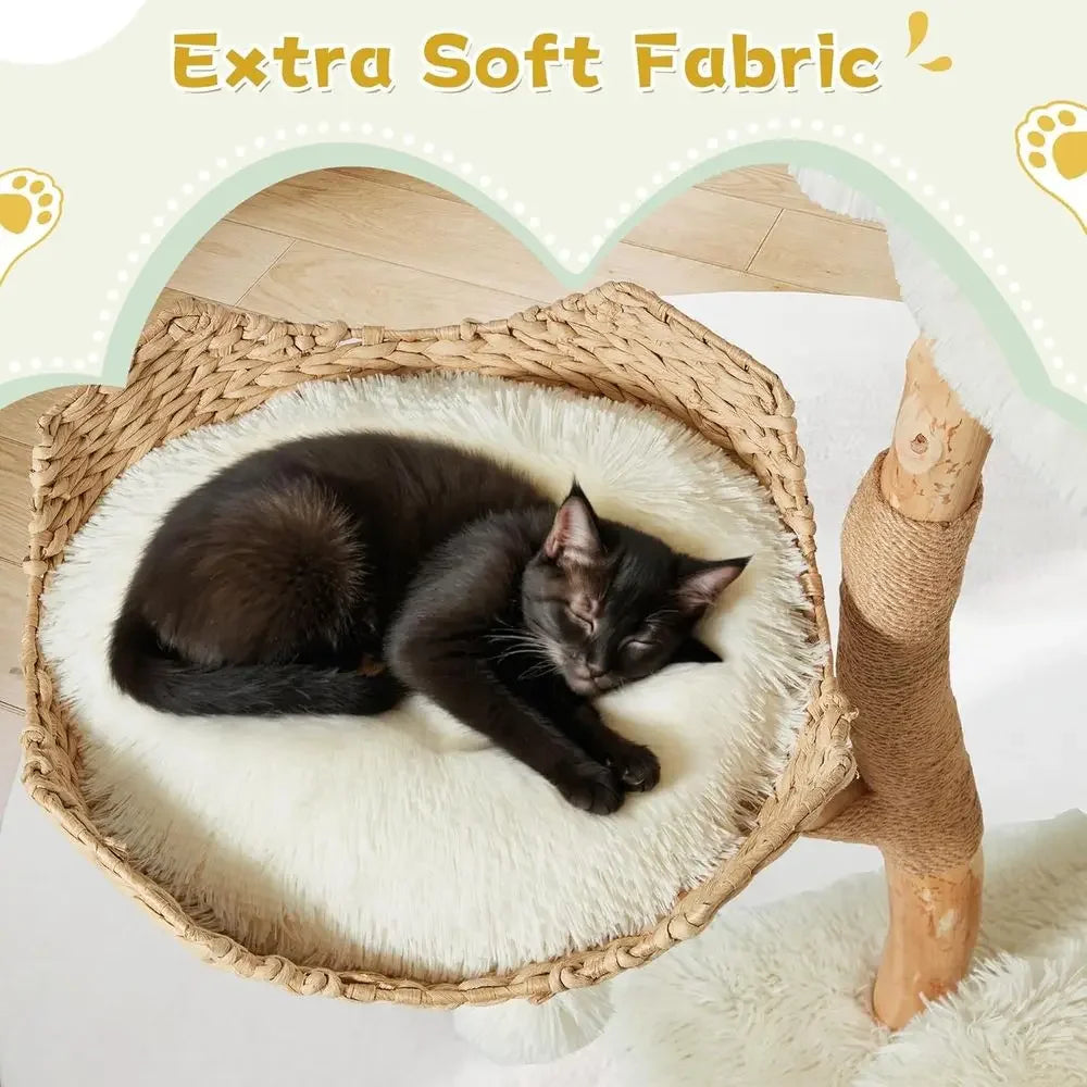 54 Natural Wood Cat Tree with Woven Basket Beds and Scratching Post, Bohemian Style Cat Tower, White