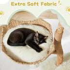 54 Natural Wood Cat Tree with Woven Basket Beds and Scratching Post, Bohemian Style Cat Tower, White