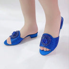 Elegant Flower Rhinestone Mules Women Mid Heel Slip On Open Toe Dress Sandals For Wedding Party Evening