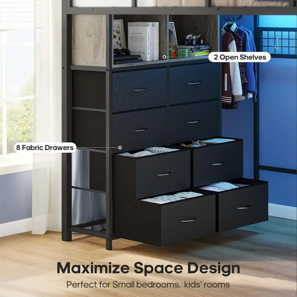 Grey Metal Loft Bed with Desk, 8 Drawers, LED Lights, Power Outlet, Shelves, and Clothing Rack