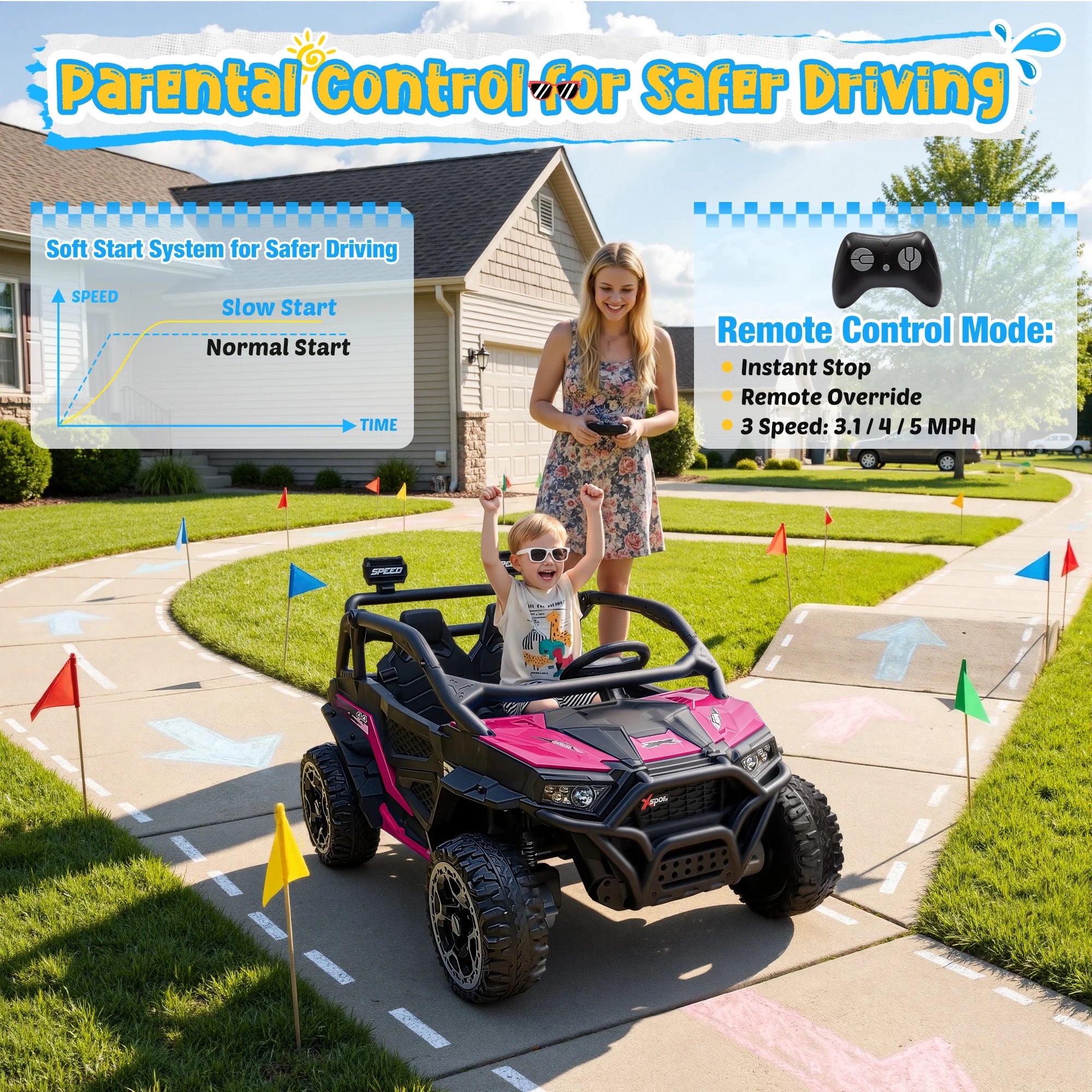 Joyracer 24V 4WD Kids Ride-On UTV, 4-Wheel Shock Absorption, Key Start, Slow Start, Music And LED Lights, 60-80 Mins Ride Time