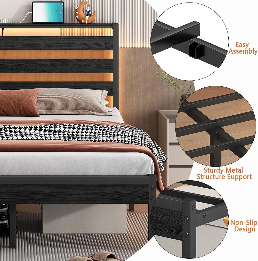 14 Inch Full Size Metal Platform Bed Frame with Headboard, LED & USB Charging, Steel Slats, No Box Spring Needed