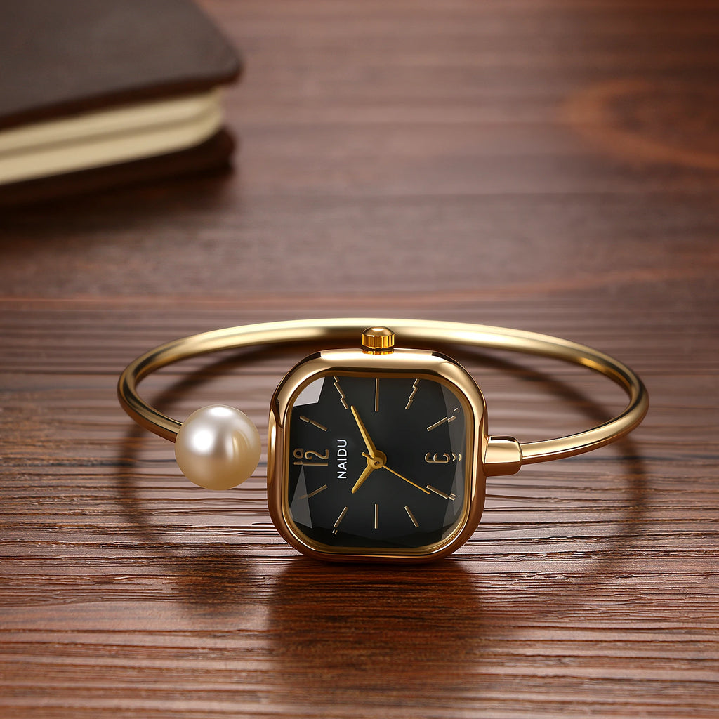 Elegant women's watch, featuring a simulated quartz square case, bar markers, and a bracelet design with imitation pearl embellishments; suitable for all seasons and professional settings