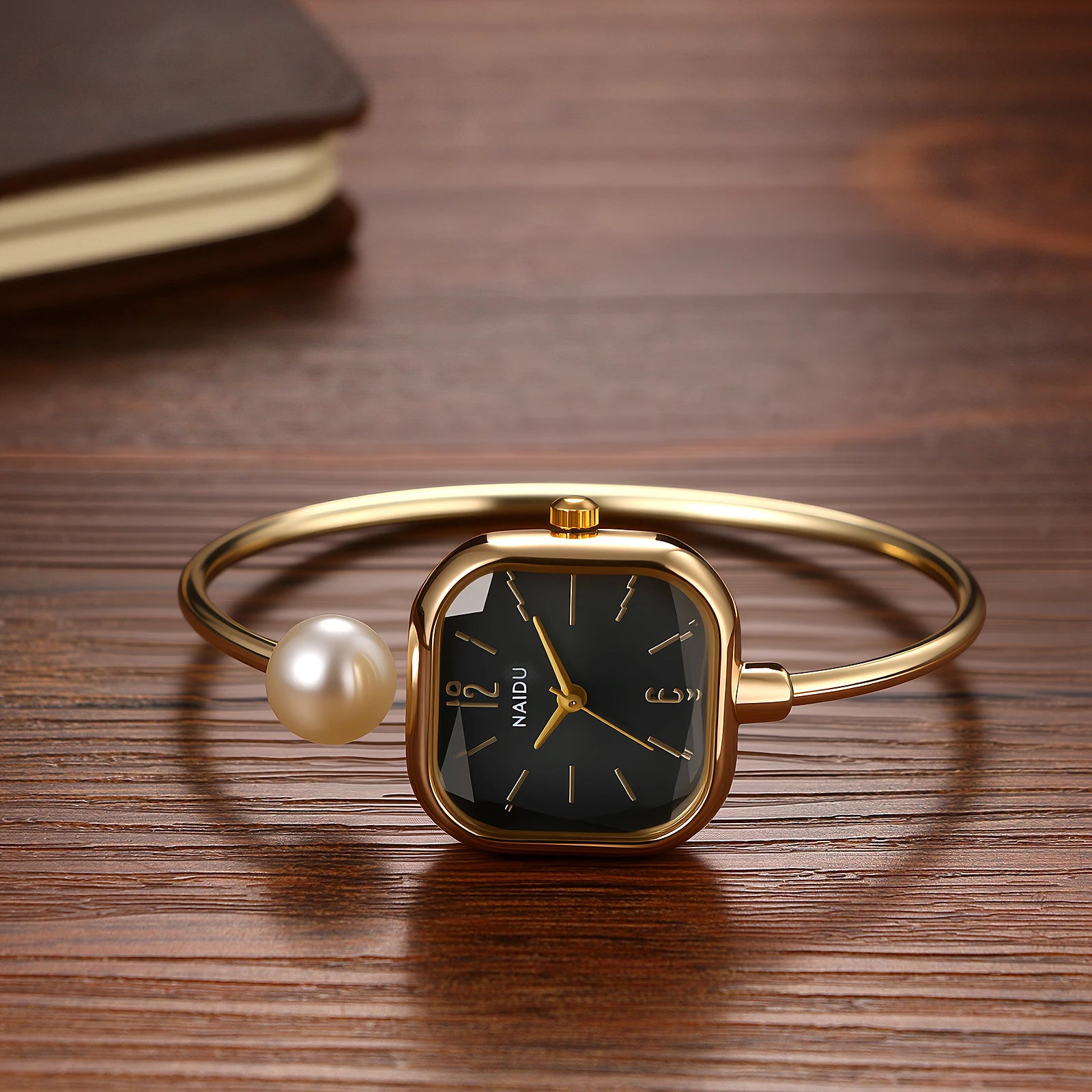 Elegant women's watch, featuring a simulated quartz square case, bar markers, and a bracelet design with imitation pearl embellishments; suitable for all seasons and professional settings