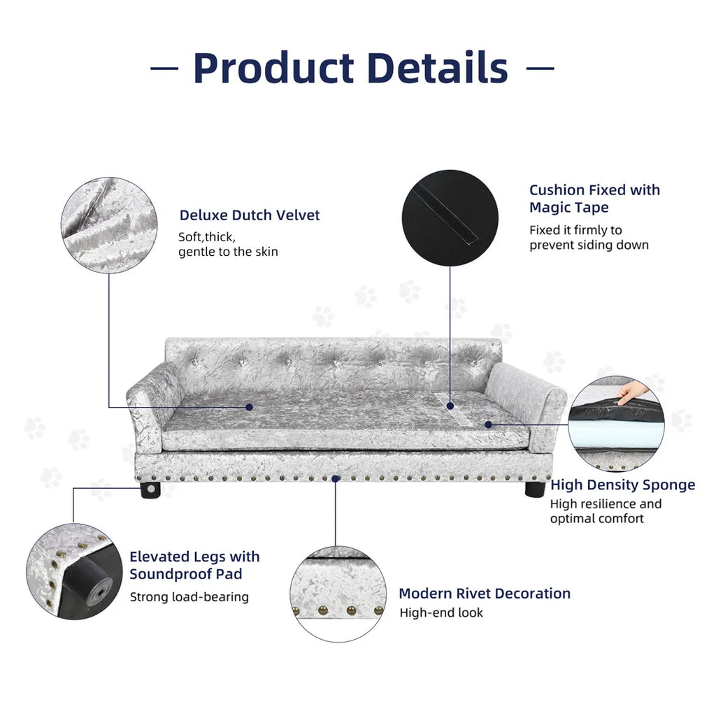 Deluxe Silver Dutch Velvet Dog Couch Bed Sofa with Removable Cushion for Medium to Large Dogs Comfortable Upholstered Pet Sofa