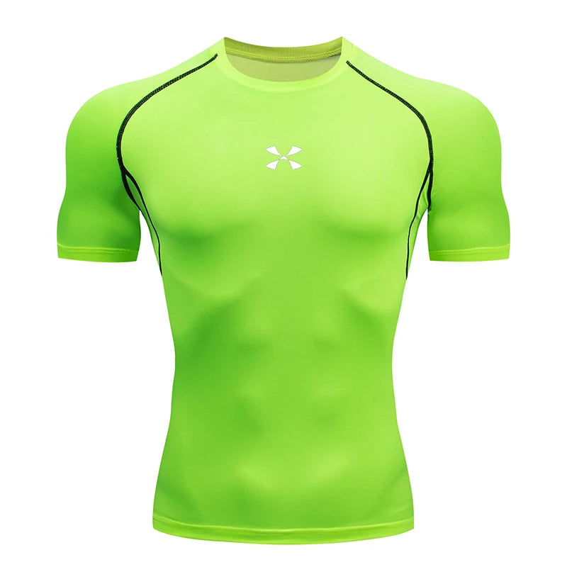 Summer Men Athletic Compression Short Sleeve Running T Shirt Elastic Polyester Quick Dry Gym Workout Fitness Top