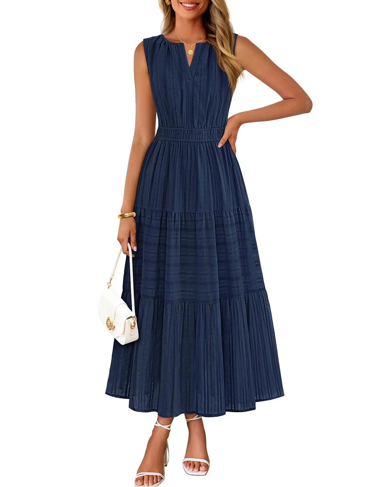 Womens Sleeveless V-Neck Boho Midi Maxi Dress With Pockets Casual Summer Beach Vacation Dress